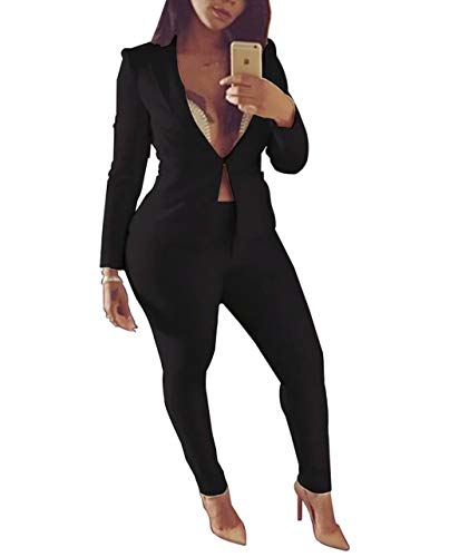 Womens 2 Piece Outfits Solid Long Sleeve Suits Business Blazers with Pants Black X-Large