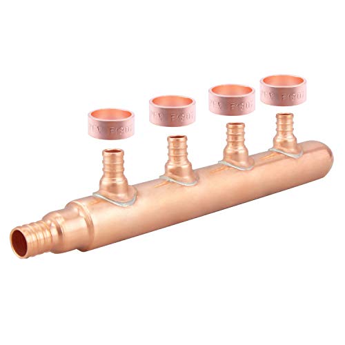 Minimprover Lead Free 4-Port Closed Copper PEX Plumbing Manifold, 1' Trunk, 3/4 Inch Inlet, 1/2 Inch Ports With 4 Rings