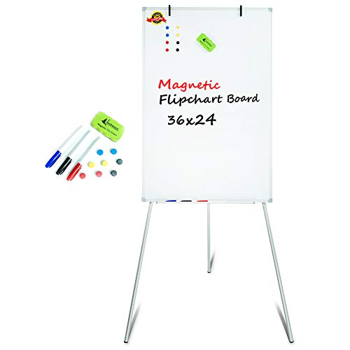 Lockways Easel Magnetic White Board, Portable Magnetic Tripod Dry Erase Flipchart 36 x 24 Inch, Silver Aluminum Frame