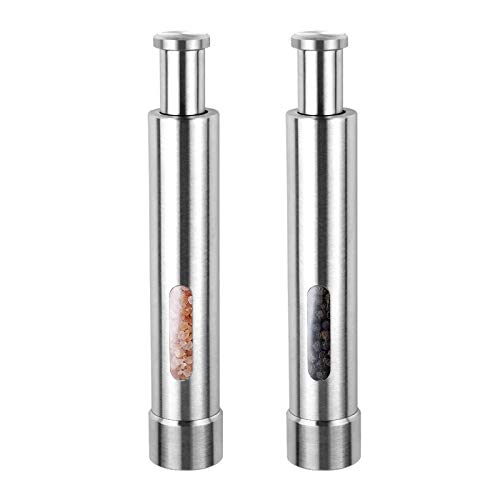 Cute Stainless Steel Pepper Mills with One Hand Stands Mini Thumb Push for Peppercorns, Sea Salt, Spices, Table Seasoning Grinders