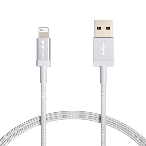 AmazonBasics Nylon Braided Lightning to USB Cable - MFi Certified Apple iPhone Charger, Silver, 3-Foot (Durability Rated 4,000 Bends)