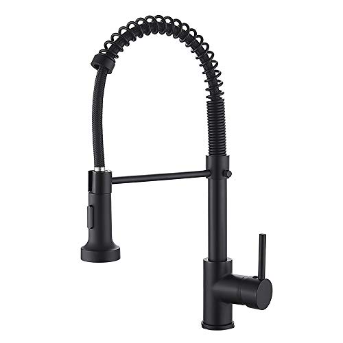 Kitchen Faucet,Commercial Matte Black Spring Kitchen Sink Faucet with Pull Down Sprayer,Lead Free Single Handle Solid Brass Bar Sink Faucet with Deck Plate