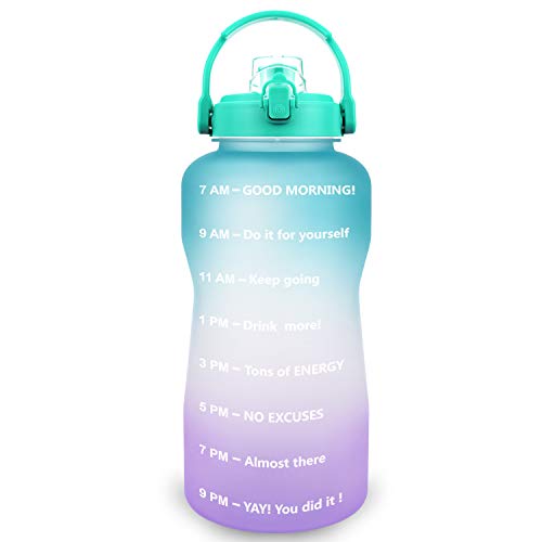QuiFit Half Gallon Water Bottle - w/Time Marker & Strainer & Portable Handle,Wide Mouth,BPA Free,64 oz Large Sport Fitness Water Jug,Perfect for Monitoring Water Intake(64 oz,Green-Purple)