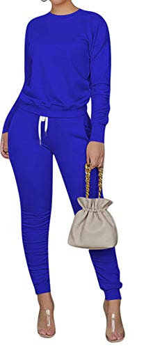 Women's Solid Sweatsuit Set 2 Piece Long Sleeve Pullover and Drawstring Sweatpants Sport Outfits Sets Blue