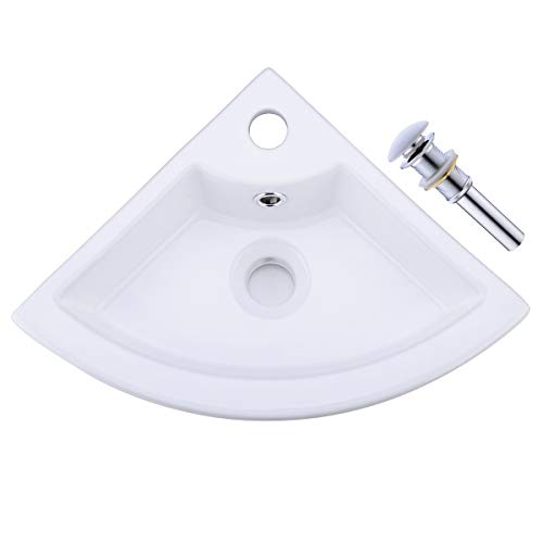 WENKEN One Hole Small Corner Ceramic Above Counter Top Bathroom Sink with Drainer, Vessel Sink with Overflow 12.6 x 12.6 x 17.1' White