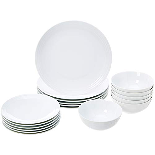 AmazonBasics 18-Piece Kitchen Dinnerware Set, Plates, Dishes, Bowls, Service for 6, White Embossed Porcelain