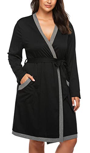 Women Plus Size Kimono Robes Cotton Knee Length Robe Knit Bathrobe Soft Sleepwear Ladies Loungewear XL-5XL Black