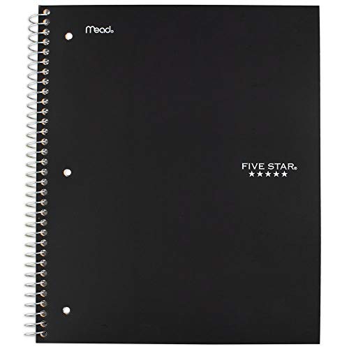 Five Star Spiral College Ruled Notebook, 5 Subject, Wired Note Book with Pockets, 200 Lined Sheets, Writing Journal, Home School Supplies for College Students or K-12, 11' x 8-1/2', Black (72081)
