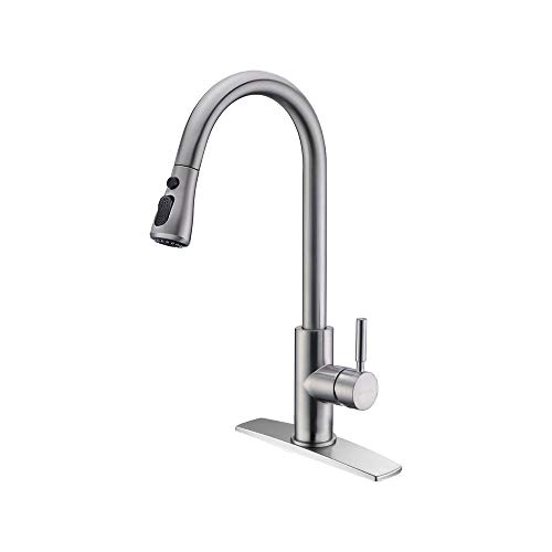 FORIOUS Kitchen Faucet with Pull Down Sprayer Brushed Nickel, High Arc Single Handle Kitchen Sink Faucet with Deck Plate, Commercial Modern rv Stainless Steel Kitchen Faucets, Grifos De Cocina