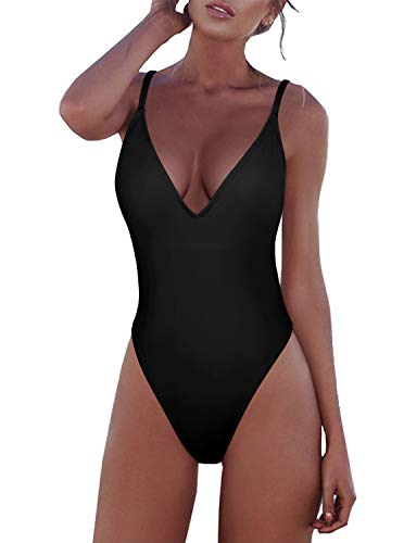 Adreamly Women's One Piece V Neck Tummy Control Backless Bathing Suit Swimsuits Swimwear Beachwear Black Large