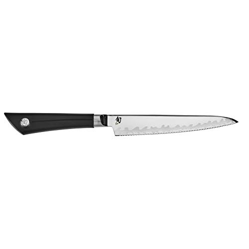 Shun Sora 5.5-Inch Serrated Utility Knife with Composite Blade Technology and Textured, Durable Handle; Serrated Edge Ideal for Foods with Tough Skin and Delicate Interiors; Handcrafted in Japan