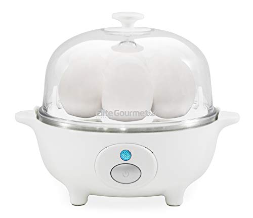 Elite Gourmet EGC-007 Easy Electric Poacher, Omelet Eggs & Soft, Medium, Hard-Boiled Egg Boiler Cooker with Auto Shut-Off and Buzzer, Measuring Cup Included, BPA Free, 7, White