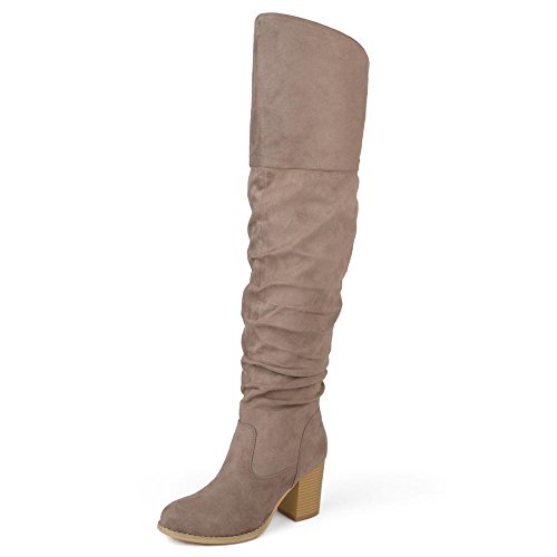 Brinley Co. Womens Regular Wide Calf and Extra Wide Calf Ruched Stacked Heel Faux Suede Over-The-Knee Boots Taupe, 8 Regular US