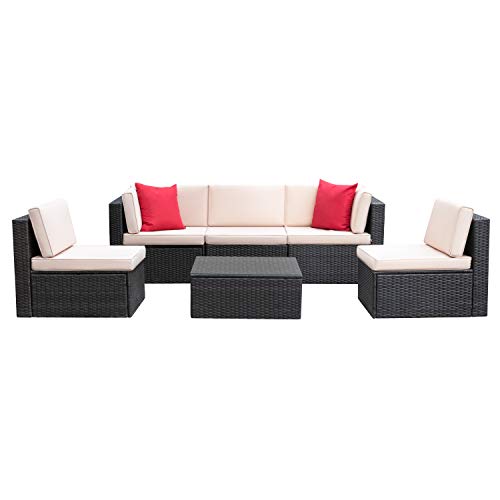Homall 6 Pieces Patio Outdoor Furniture Sets, Low Back All-Weather Rattan Sectional Sofa Manual Weaving Wicker Conversation Set with Coffee Table and Washable Couch Cushions (Beige)