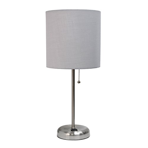 Limelights LT2024-GRY Brushed Steel Lamp with Charging Outlet and Fabric Shade, Grey