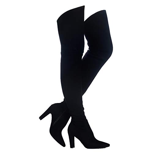 Shoe'N Tale Women Stretch Suede Chunky Heel Thigh High Over The Knee Boots(8,Black)