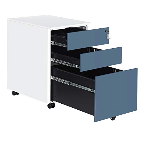 SONGMICS Steel File Cabinet with 3 Drawers, Lockable Steel Pedestal with Hanging File Rails, 20.5”L x 15.4”W x 23.6”H, White and Blue UOFC60WB
