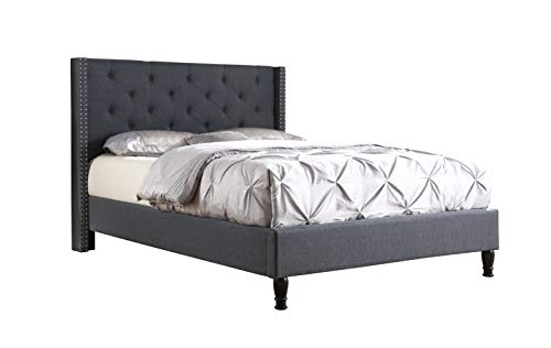 Life Home Premiere Classics Cloth Charcoal Blue Linen 51' Tall Headboard Platform Bed with Slats Queen - Complete Bed 5 Year Warranty Included 007