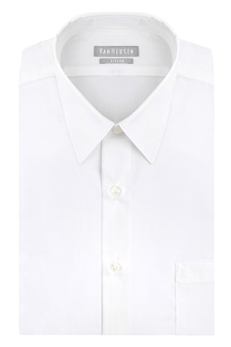 Van Heusen Men's Poplin Fitted Solid Point Collar Dress Shirt, White, 15.5' Neck 32'-33' Sleeve