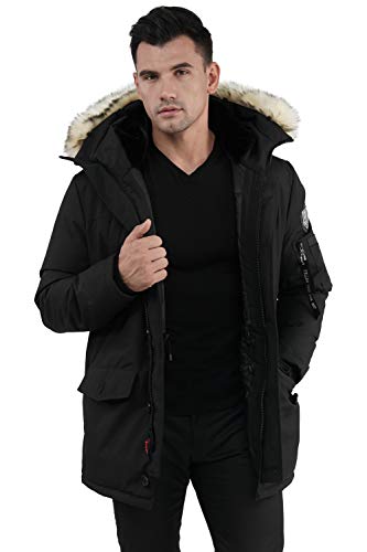 Molemsx Mens Down Coat, Heavy Winter Coat for Men Winter Warm Parka Puffer Jacket for Cold Weather Winter Down Jacket with Hood Faux-Fur Trim for Men Black X-Large