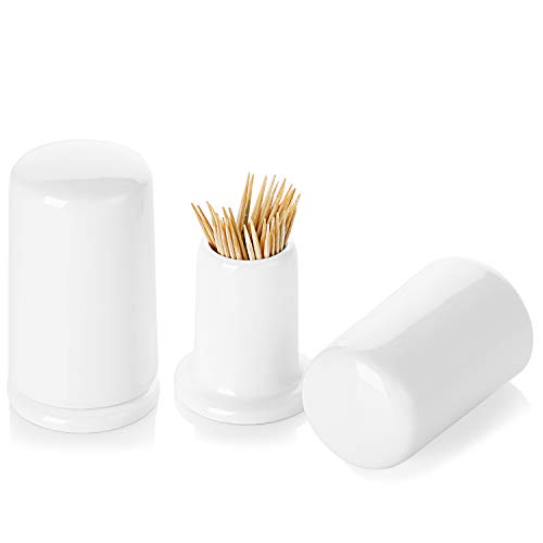 ONTUBE Ceramic Toothpick Holder with Lid,Toothpick Dispenser Porcelain Cocktail Stick Box and Easy To Clean-Set of 2, White