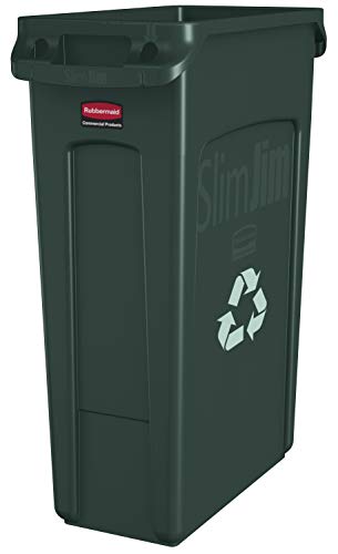 Rubbermaid Commercial Products Slim Jim Plastic Rectangular Recycling/Compost Bin with Venting Channels, 23 Gallon, Green Recycling (FG354007GRN)