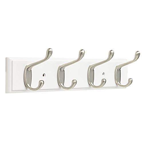 Franklin Brass FBHDCH4-WSE-R, 16' Hook Rail / Rack, with 4 Heavy Duty Coat and Hat Hooks, in White & Satin Nickel