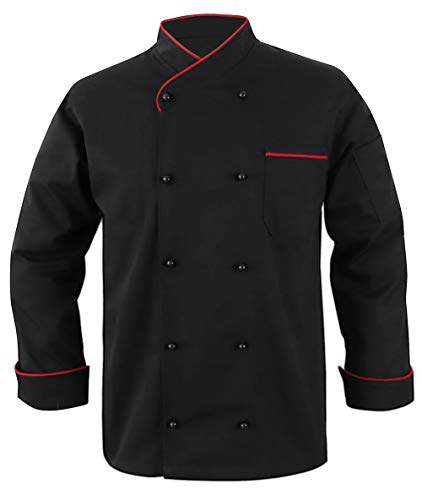 10oz apparel Black Chef Coat Contrast Piping Long Sleeves Jacket (Black/Red Piping, XL)