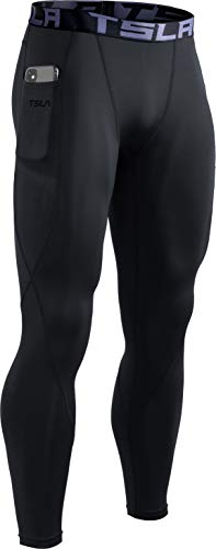 TSLA Men's Thermal Compression Pants, Athletic Sports Leggings & Running Tights, Wintergear Base Layer Bottoms, Thermal Pocket(yup41) - Black, Large