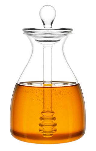 Mkono Honey Pot Glass Honey Jar with Dipper and Lid Cover for Home Kitchen, Clear,14 Ounces