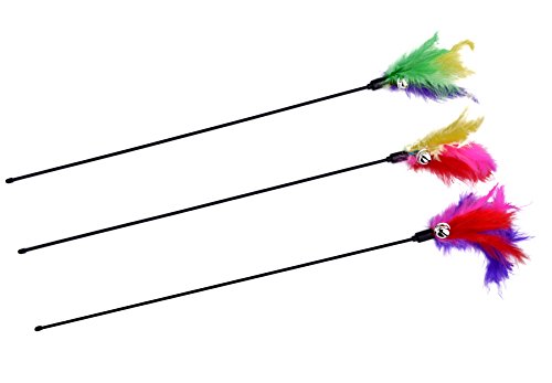 BINGPET Cat Toys Color Vary Feather Teaser and Exerciser Wand for Cat and Kitten, 3 Piece