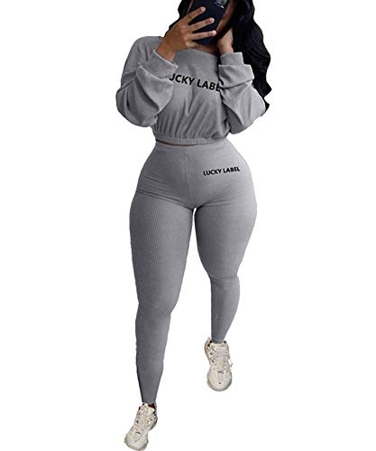 Women 2 Piece Workout Outfits Casual Tracksuit Sweatsuit Long Sleeve Crop Top Jogger Sweatpants Set Grey XL