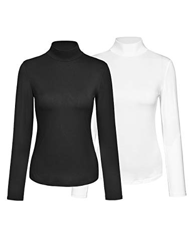 KLOTHO Women’s Slim Fitted Mock Turtleneck Tops Long Sleeve Lightweight Base Layer Shirts (Black+White, Medium)