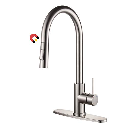 KOKOSIRI High Arc Pull out Kitchen Faucets Single Lever Kitchen Sink Mixer With Magnetic Docking Spray Head, Stainless Steel Water Tap, Brushed Nickel, A2001BR-MD