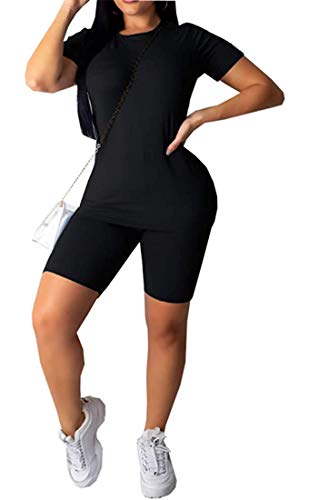 Women 's Casual 2 Piece Outfits Solid Crop Top Short Pants Outfit Sports Yoga Suit Tracksuit Jumpsuits (Black, L)