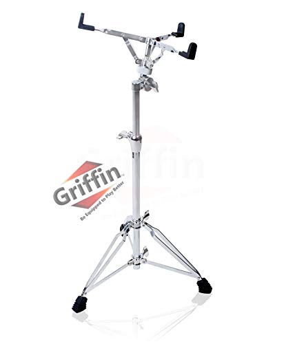 Extended Height Snare Drum Stand by Griffin | Tall Adjustable Height Snare Stand | Concert Stand Up Drum Mount Holder With Basket Clamp | Double Braced Percussion Chrome Drum Hardware