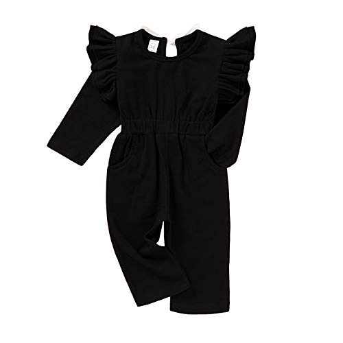 YOUNGER STAR Baby Girl Romper Casual Ruffle Sleeveless Overalls Pants with Pocket Outfits Black Gray Toddler Jumpsuit 6M-4T (6-12 Months, Black-Long Sleeve)