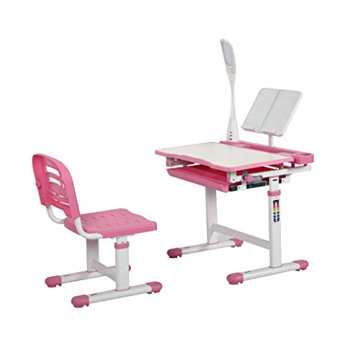 Diroan Kids Functional Desk and Chair Set, Height Adjustable Children School Study Desk with Tilt Desktop, Bookstand, LED Light, Metal Hook and Storage Drawer for Boys Girls (Pink)