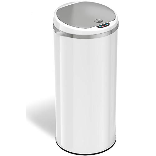 iTouchless 13 Gallon Touchless Sensor Trash Can with Odor Filter System, Round Steel Garbage Bin, Perfect for Home, Kitchen, Office, Alpine White