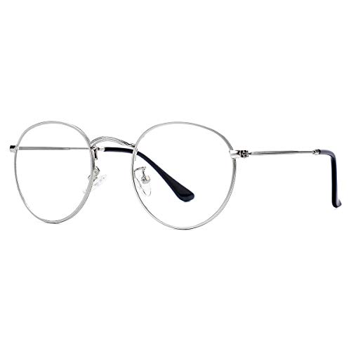 Round Clear Glasses for Women Men, Classic Circle Metal Frame Non Prescription Eyeglasses (Silver)