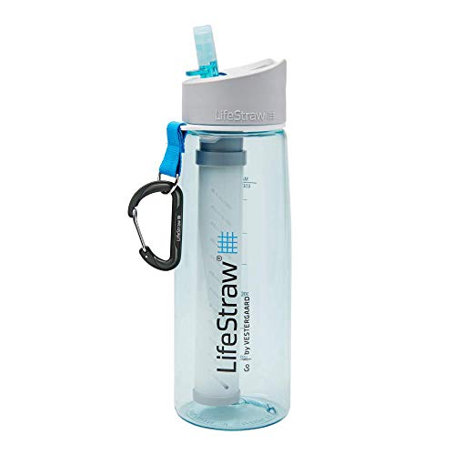 LifeStraw Go Water Filter Bottle with 2-Stage Integrated Filter Straw for Hiking, Backpacking, and Travel, Light Blue, 22oz