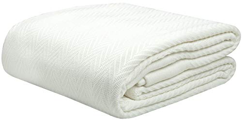 Threadmill Home Linen Herringbone Soft Breathable 100% Pure Cotton Blanket Full/Queen Size White