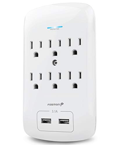 Fosmon 6 Outlet Surge Protector 1200 Joules with 2 USB Ports Charger (3.1A), Multi Plug Outlet Extender 1875 Watt, 3-Prong Grounded Wall Tap Adapter