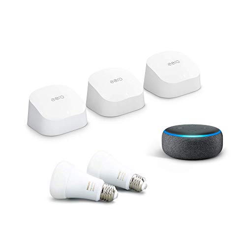 Introducing Amazon eero 6 mesh WiFi system bundle with Echo Dot, Charcoal and 2 Philips Hue Bulbs, White