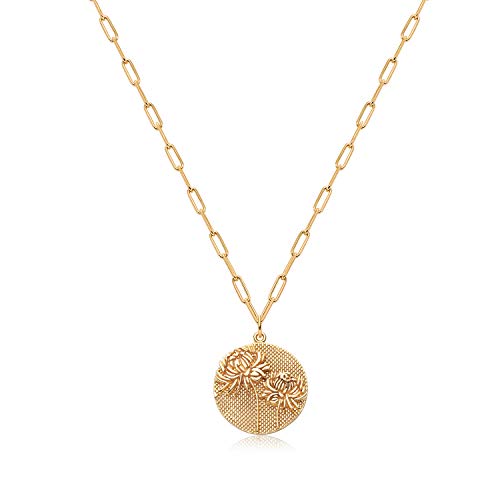 Fettero Coin Necklace Gold Disc Birth Month Flower Chrysanthemum Medal Pendant 14K Gold Plated Dainty Chunky Paperclip Chain Minimalist Simple Boho Personalized Jewelry Gift for Women November