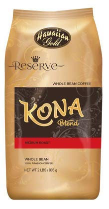 Hawaiian Gold Kona Medium Roast Gourmet Blend Whole Bean Coffee - 2 Lbs Bag (Pack of 2)