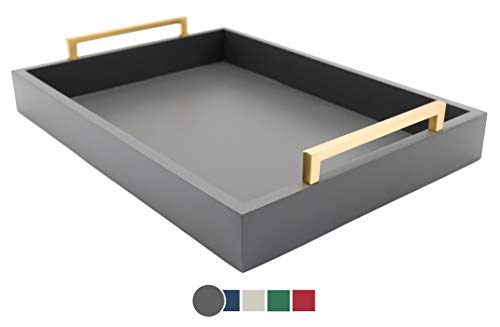 Montecito Home Decorative Coffee Table Tray - Ottoman Tray - Breakfast, Drinks, Liquor Serving Tray - from Farmhouse to Modern - Matte Finish - Champagne Gold Handles - Charcoal