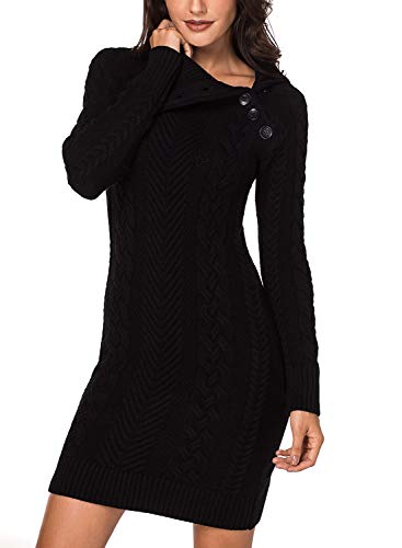 Azokoe Women Asymmetric Buttoned Cable Knit Bodycon Slim Fit Mini Sweater Dress Jumper Black M