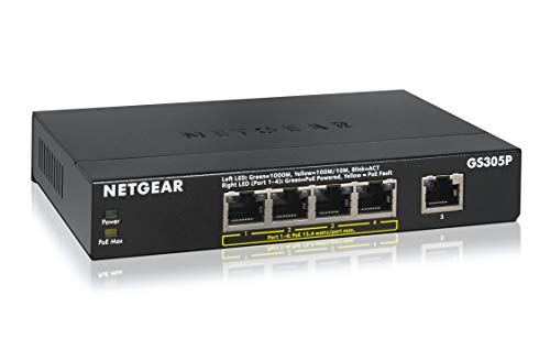 NETGEAR 5-Port Gigabit Ethernet Unmanaged PoE Switch (GS305P) - with 4 x PoE @ 55W, Desktop, Sturdy Metal Fanless Housing