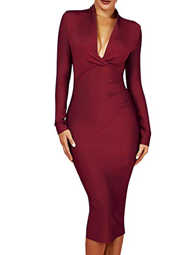 whoinshop Women 's Draped Deep Plunged Long Sleeve Night Out Club Cocktail Party Dresses with Knee Length (S, Wine)